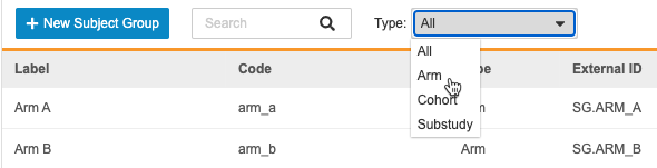 Type filter drop-down